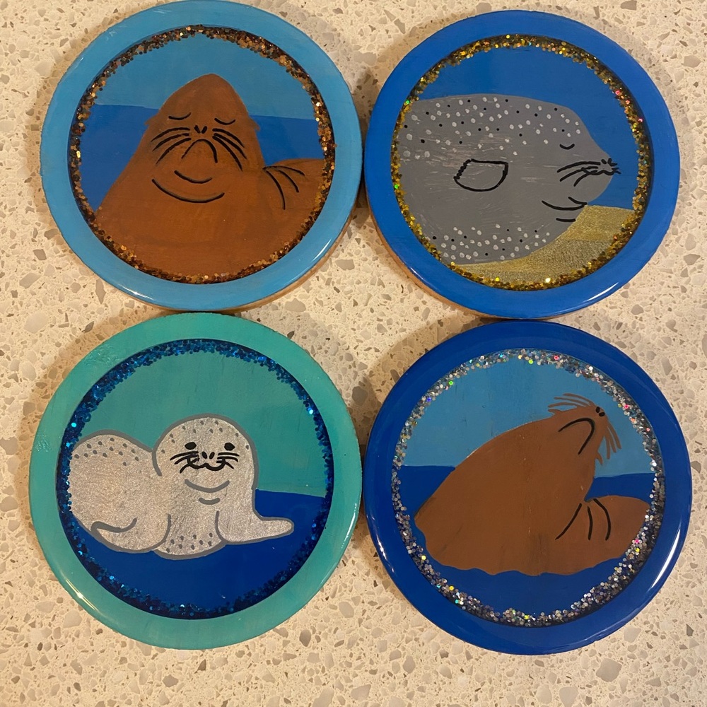Hand-Painted Sea Lion and Seal Coaster Set - Blue & Teal Accents